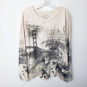 Sonoma Women's Cream City Scape Scoop Neck Long Sleeve XL Top Blouse Tee Shirt